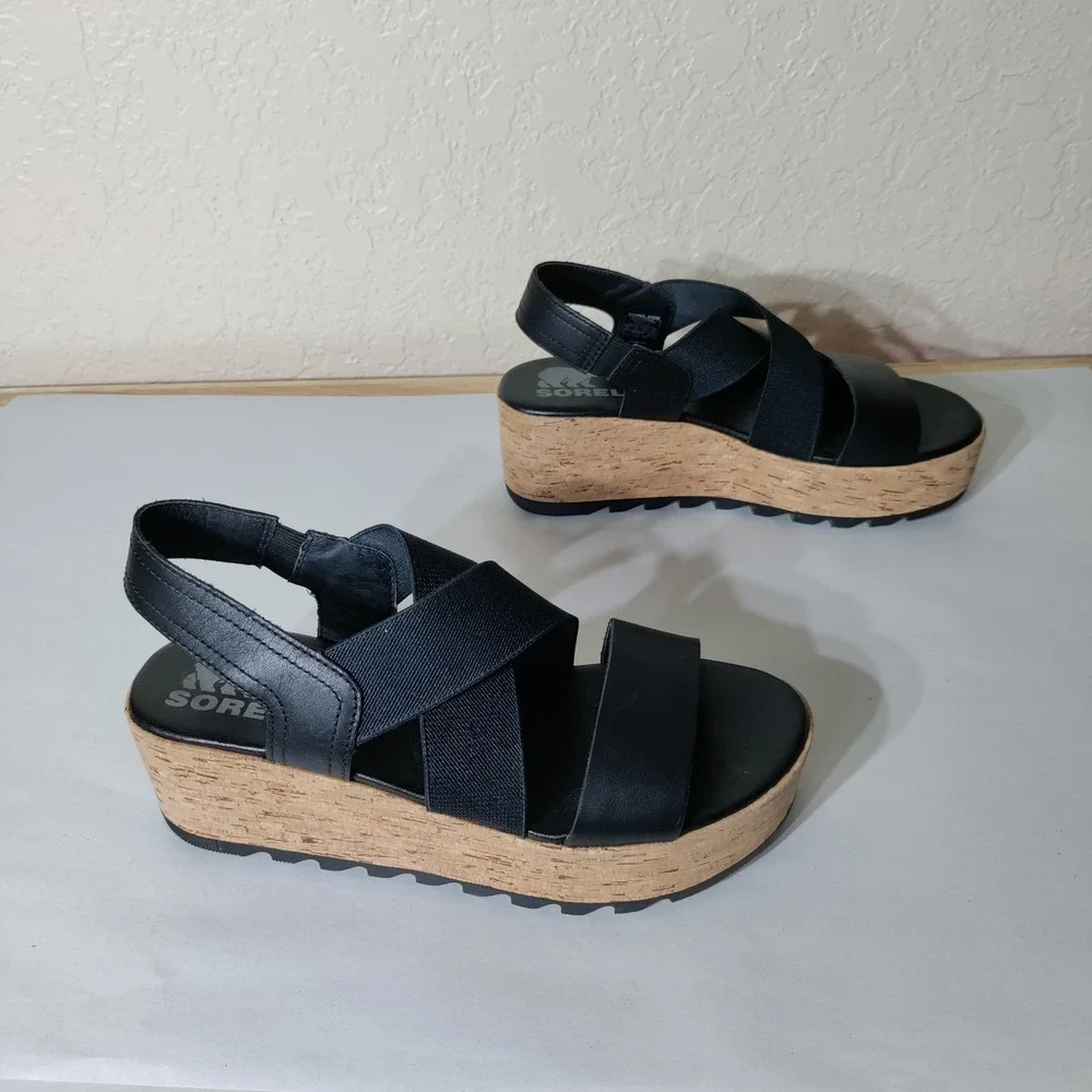 Sorel Cameron Flatform Sandals Black Leather Cork Wedge NL3998-010 Womens 6.5